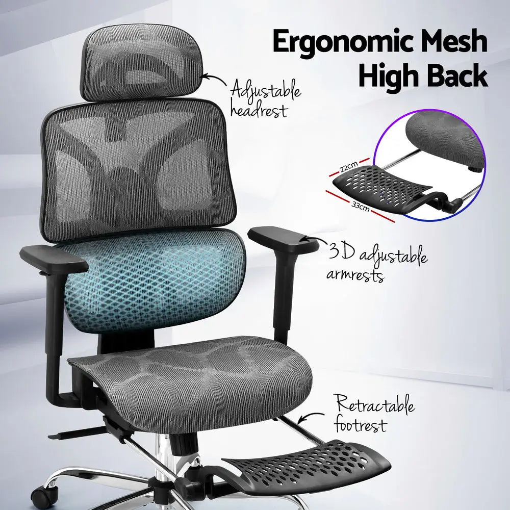 Artiss Ergonomic Office Chair Footrest Grey - Furniture > Office > Office & Desk Chairs
