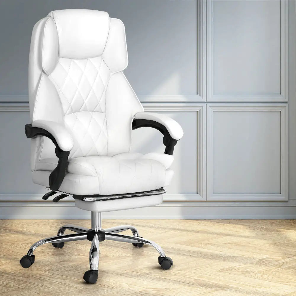 Artiss Executive Office Chair Leather Footrest White - Furniture > Bar Stools & Chairs