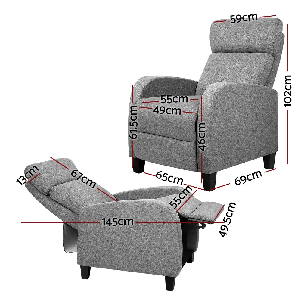 Artiss Fabric Reclining Armchair - Grey - Furniture > Living Room