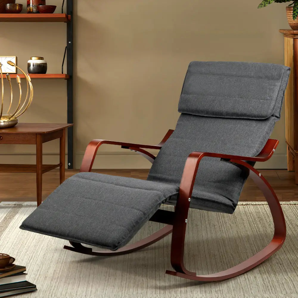 Artiss Fabric Rocking Armchair with Adjustable Footrest - Charcoal - Furniture > Living Room
