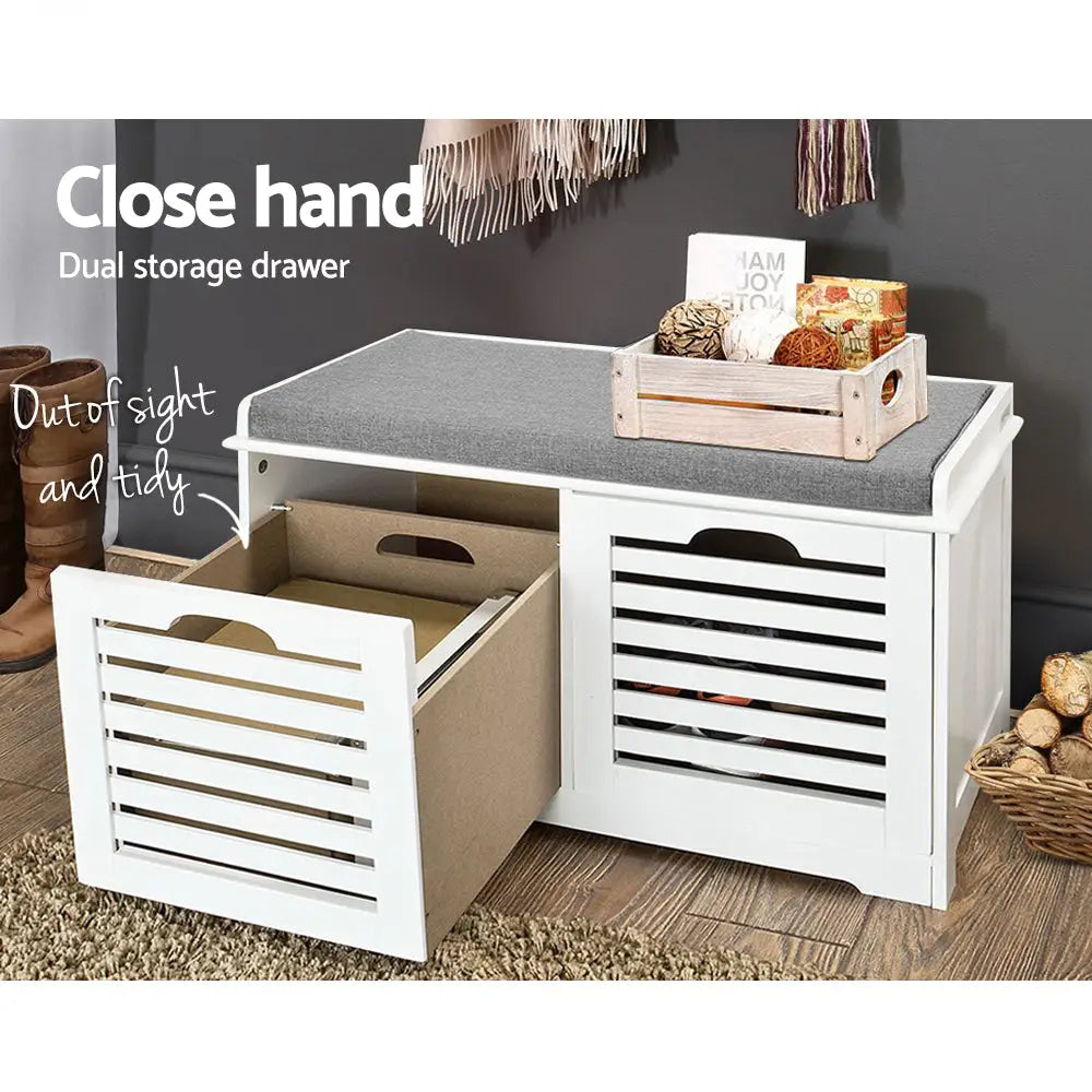 Artiss Fabric Shoe Bench with Drawers - White & Grey - Furniture > Living Room