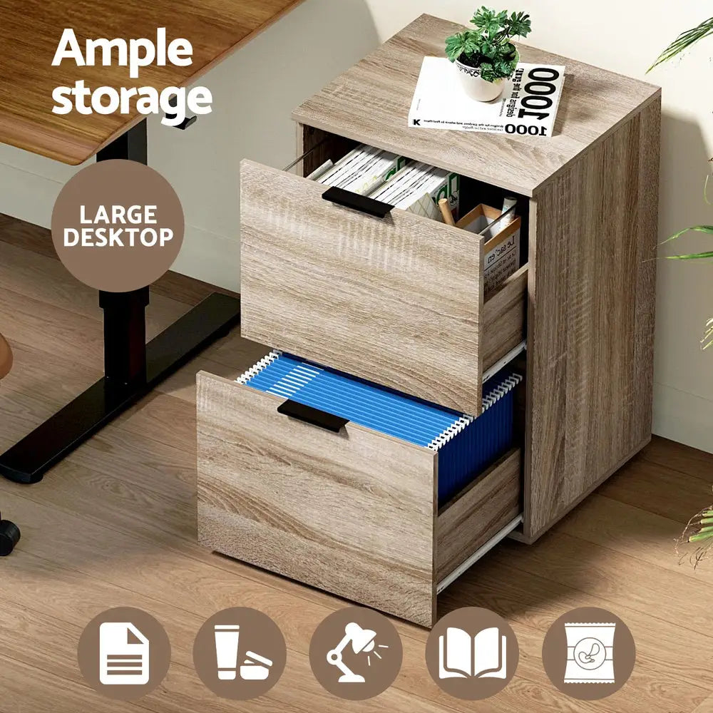 Artiss Filing Cabinet Files Storage Office Shelves File Organiser Oak 2 Drawer - Home & Garden > Home Office