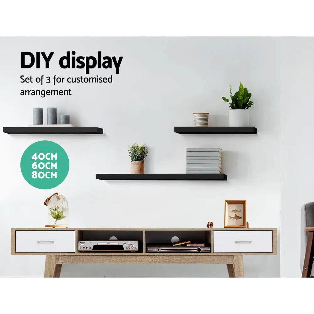 Artiss Floating Wall Shelf Set of 3 Black - Home & Garden > Storage