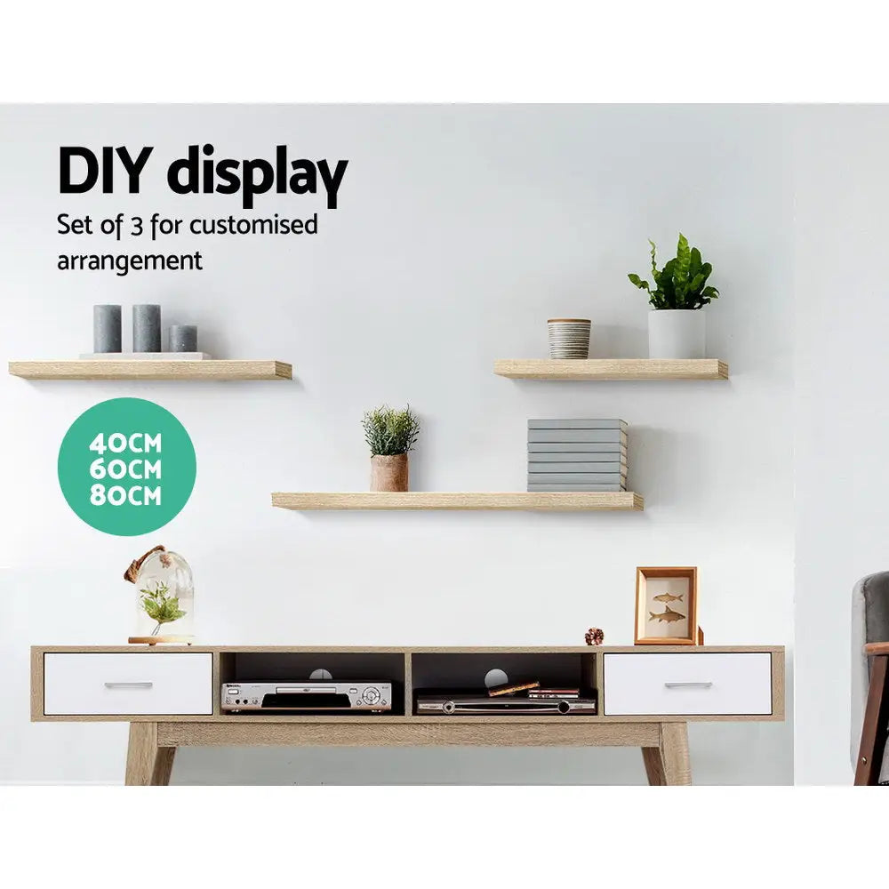 Artiss Floating Wall Shelf Set of 3 Oak - Furniture > Office