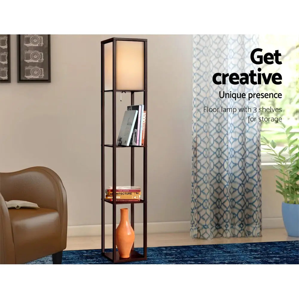 Artiss Floor Lamp 3 Tier Shelf Storage LED Light Stand Home Room Vintage Brown - Home & Garden > Lighting