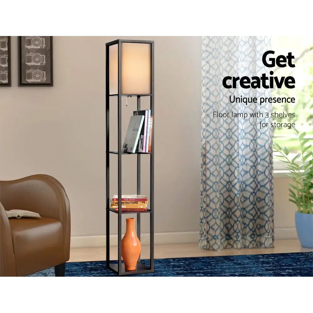 Artiss Floor Lamp 3 Tier Shelf Shelf Storage LED Light Stand Home Room Vintage Black - Home & Garden > Lighting