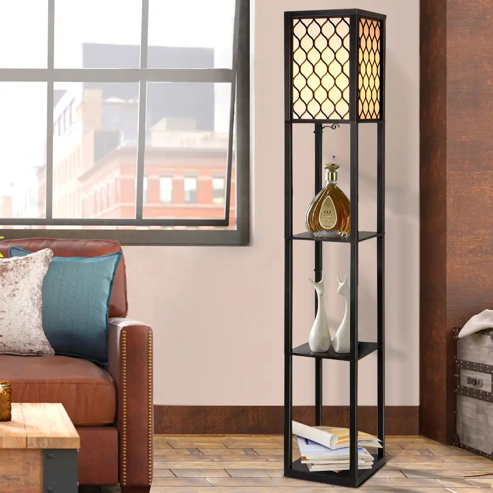 Artiss Floor Lamp 3 Tier Shelf Storage LED Light Stand Home Room Pattern Black - Furniture > Bedroom