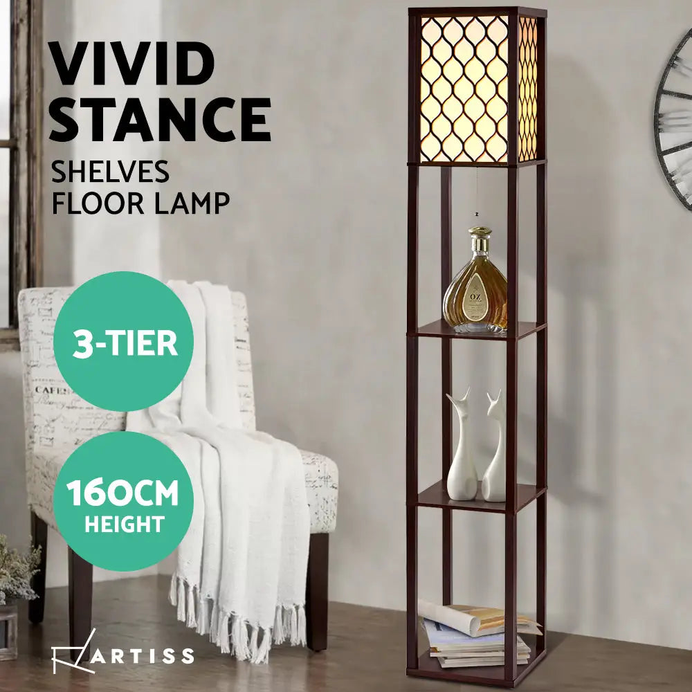 Artiss Floor Lamp 3 Tier Shelf Storage LED Light Stand Home Room Pattern Brown - Furniture > Bedroom