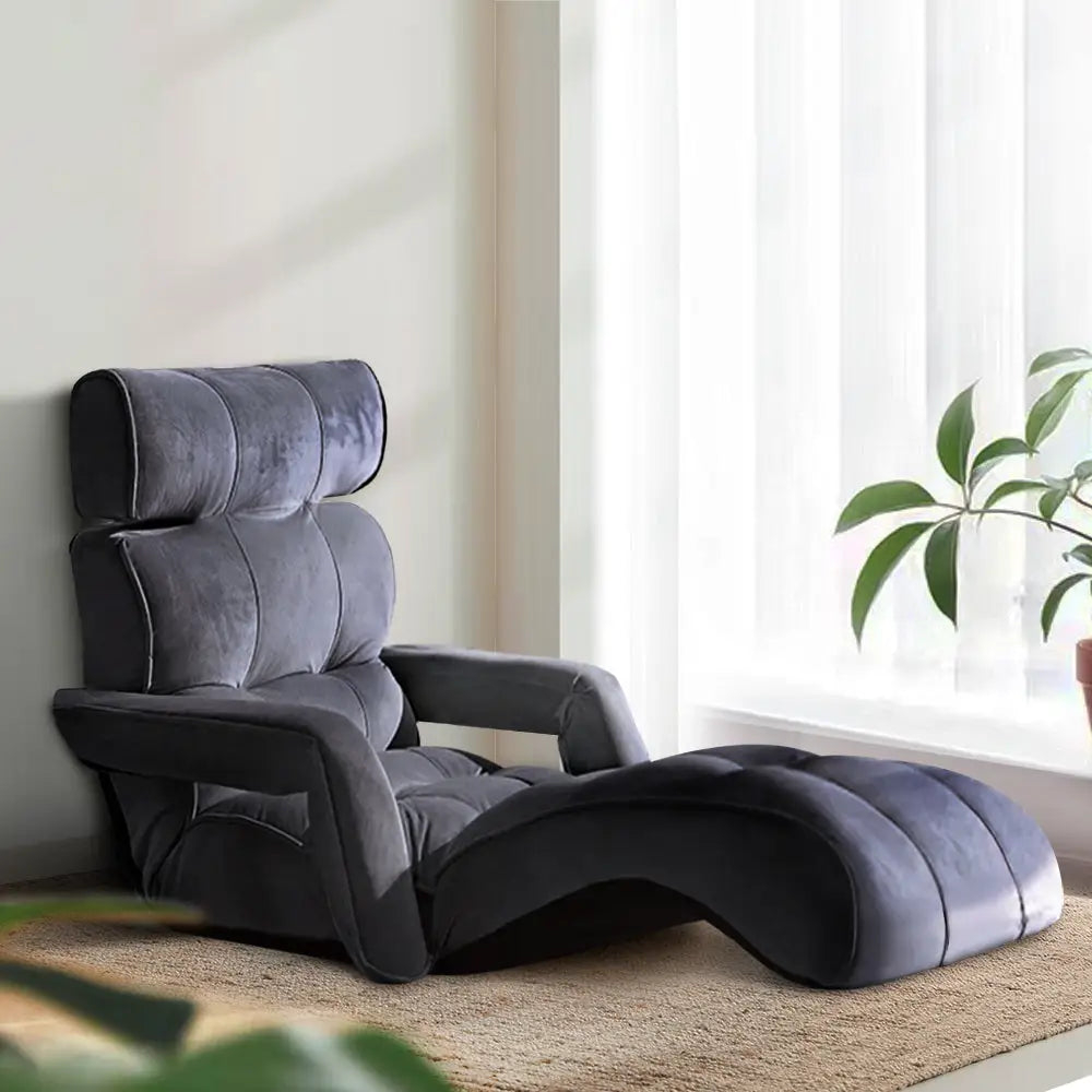 Artiss Floor Lounge Sofa With Armrest Flocking Fabric Charcoal - Furniture > Living Room