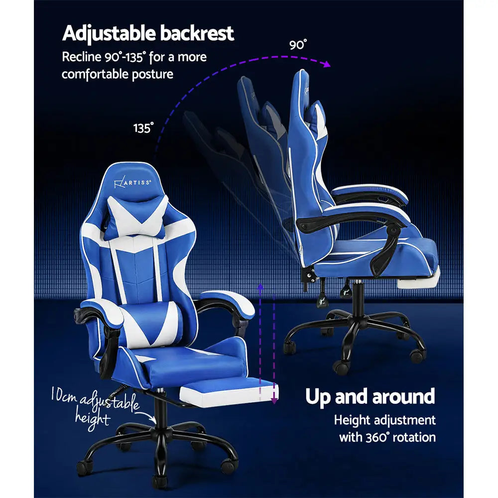 Artiss Gaming Office Chair Executive Computer Leather Chairs Footrest Blue White - Furniture > Office