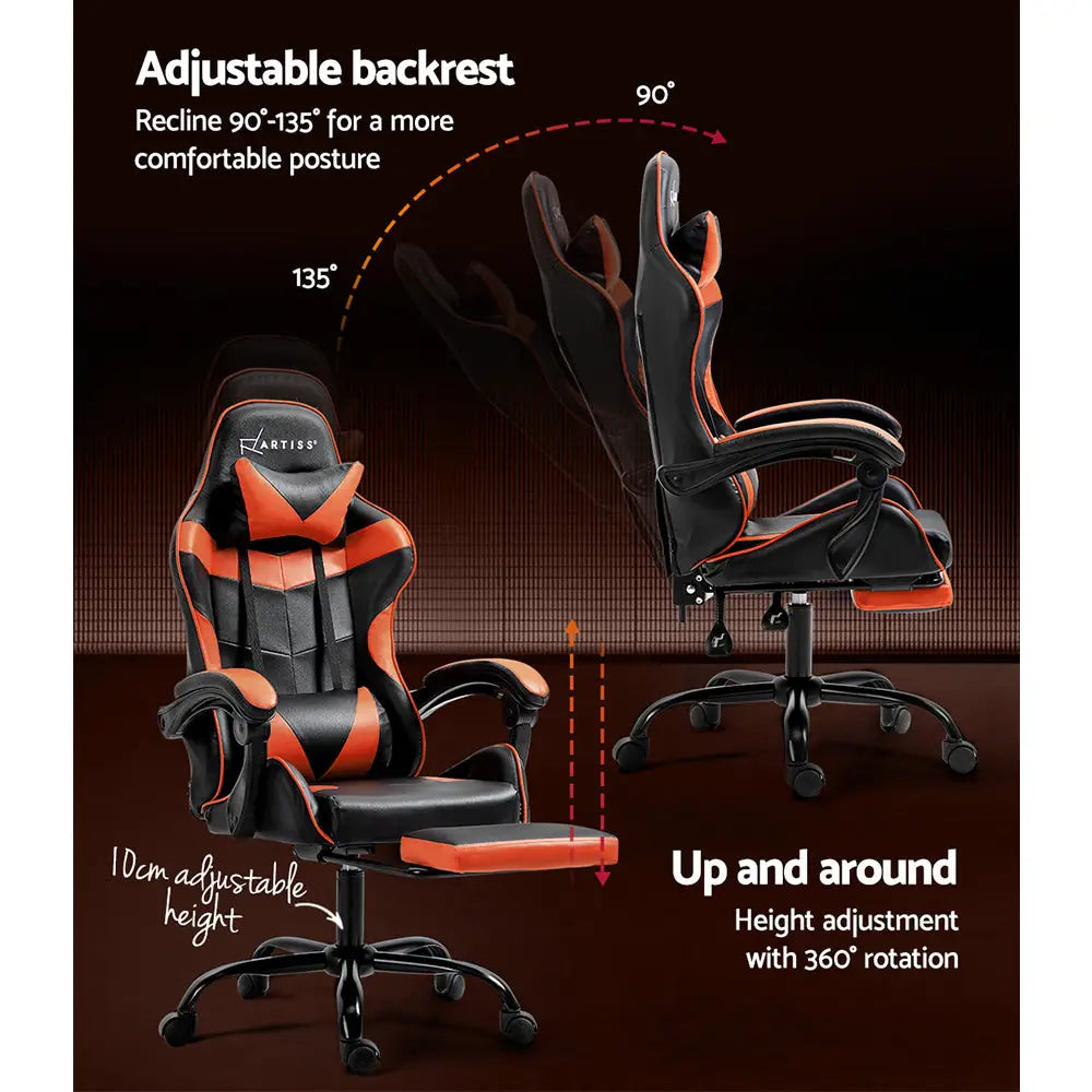 Artiss Gaming Office Chair Executive Computer Leather Chairs Footrest Orange - Furniture > Office