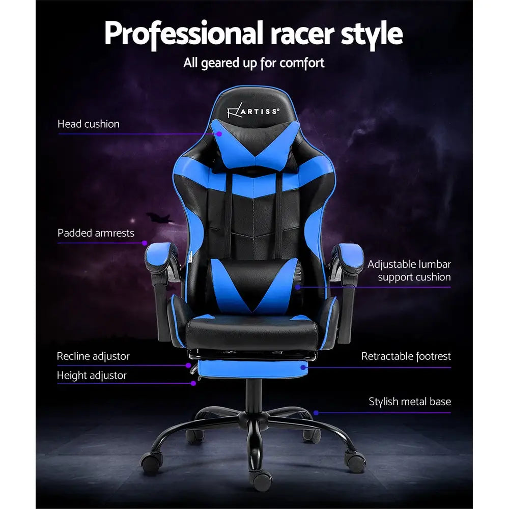 Artiss Gaming Office Chair Recliner Footrest Blue - Furniture > Office