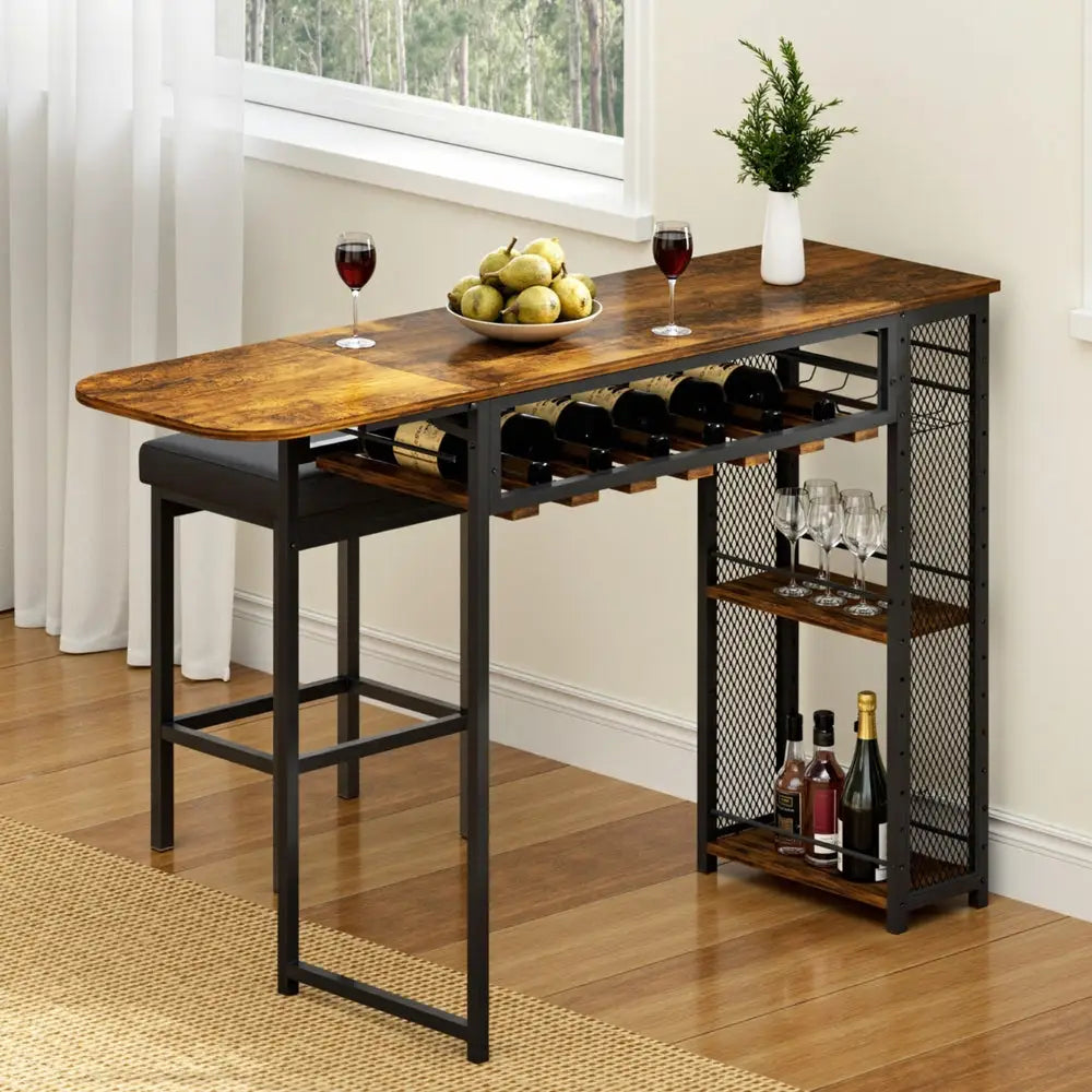 Artiss Industrial Bar Table with Wine Rack Built-in Cup Holder Extendable 140cm - Furniture > Dining > Dining Tables