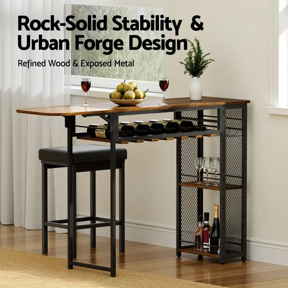 Artiss Industrial Bar Table with Wine Rack Built-in Cup Holder Extendable 140cm - Furniture > Dining > Dining Tables