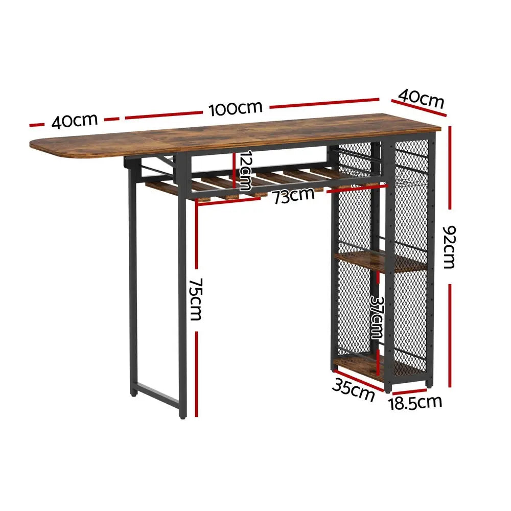 Artiss Industrial Bar Table with Wine Rack Built-in Cup Holder Extendable 140cm - Furniture > Dining > Dining Tables