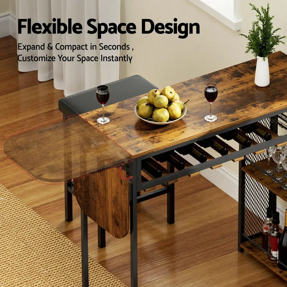 Artiss Industrial Bar Table with Wine Rack Built-in Cup Holder Extendable 140cm - Furniture > Dining > Dining Tables