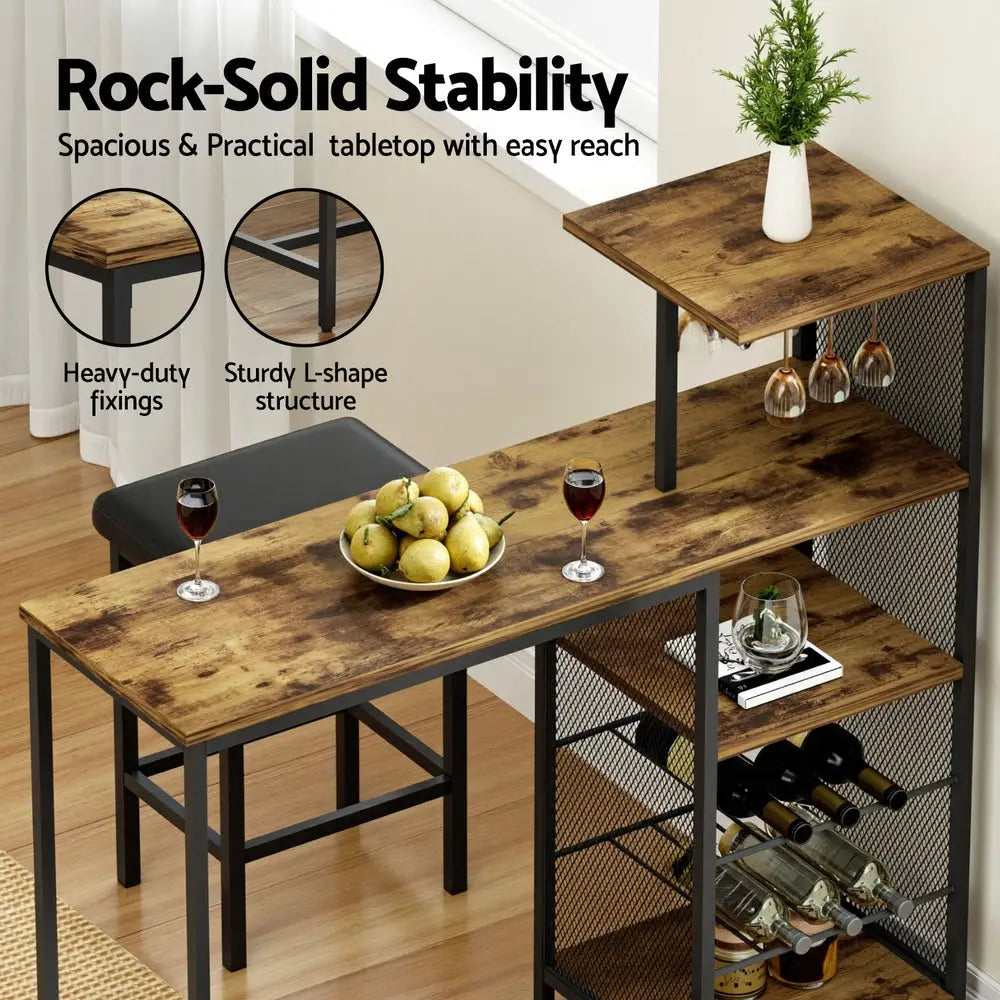 Artiss Industrial Bar Table with Wine Rack Cup Holder Multi-Level Storage 122cm Walnut - Furniture > Dining > Dining