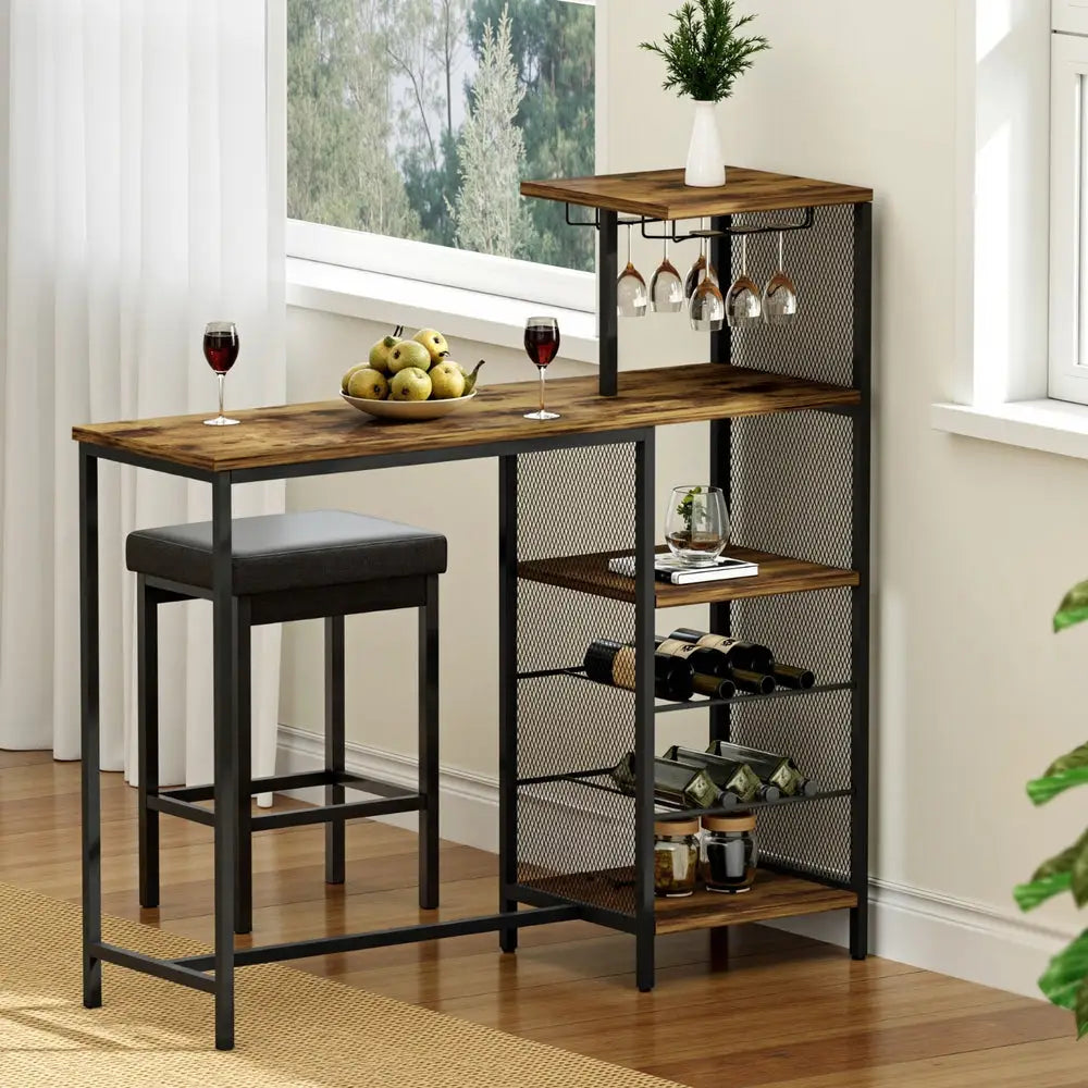 Artiss Industrial Bar Table with Wine Rack Cup Holder Multi-Level Storage 122cm Walnut - Furniture > Dining > Dining