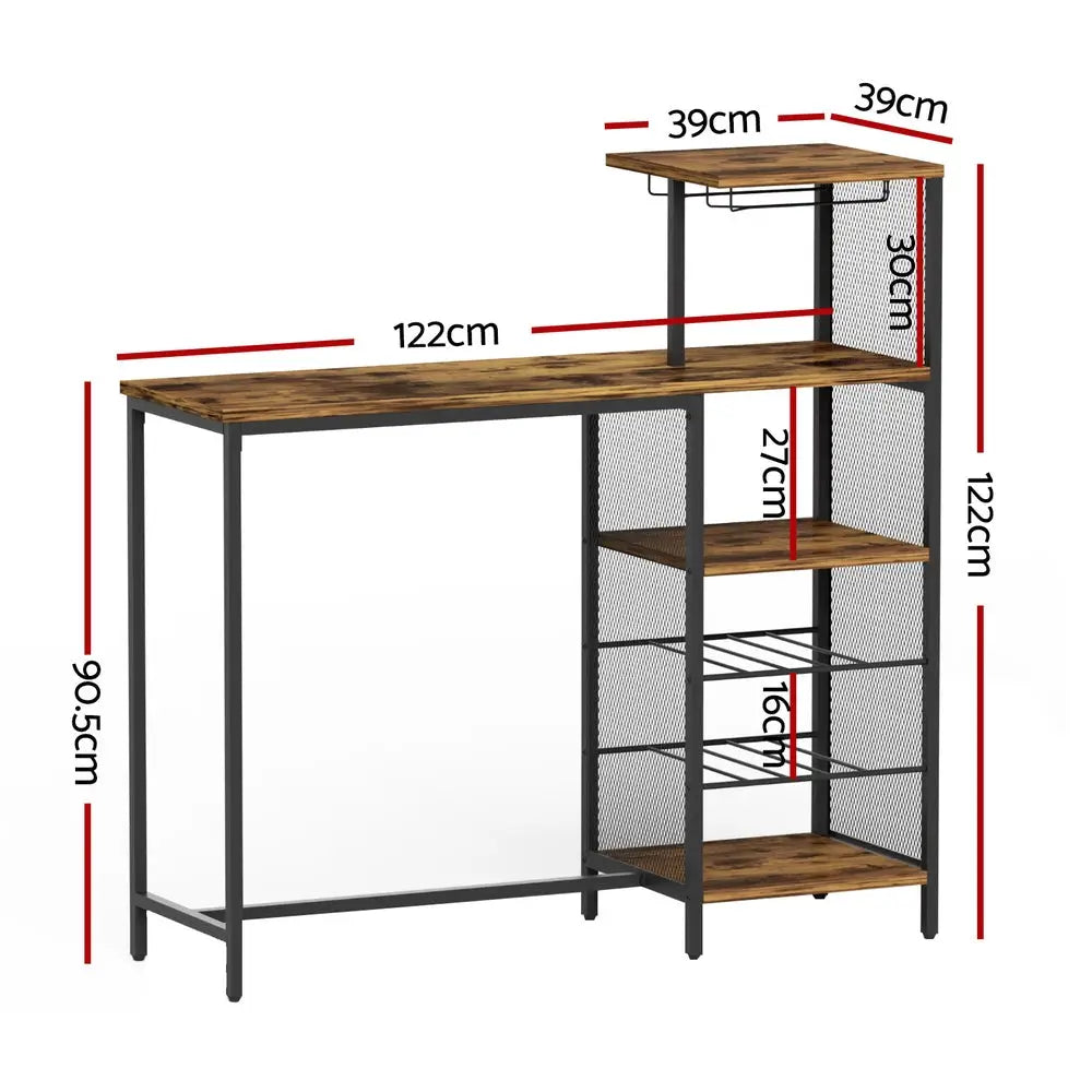 Artiss Industrial Bar Table with Wine Rack Cup Holder Multi-Level Storage 122cm Walnut - Furniture > Dining > Dining