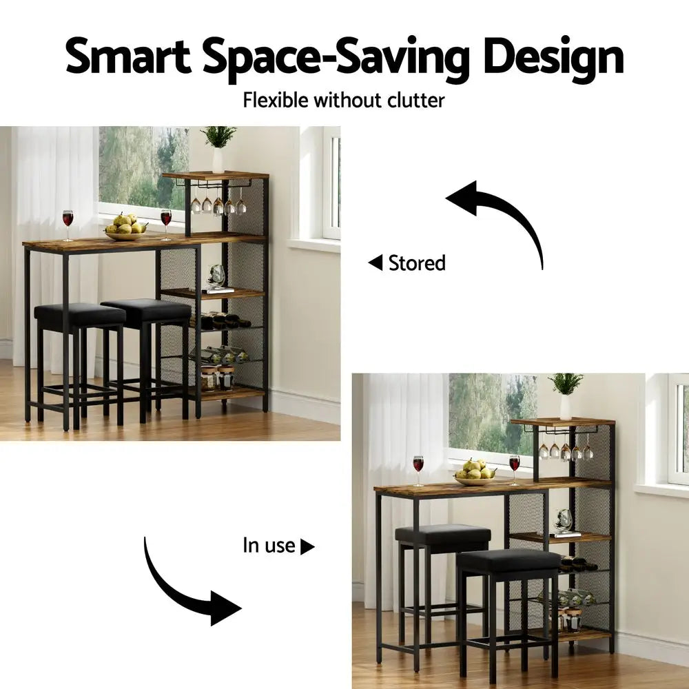 Artiss Industrial Bar Table with Wine Rack Cup Holder Multi-Level Storage 122cm Walnut - Furniture > Dining > Dining