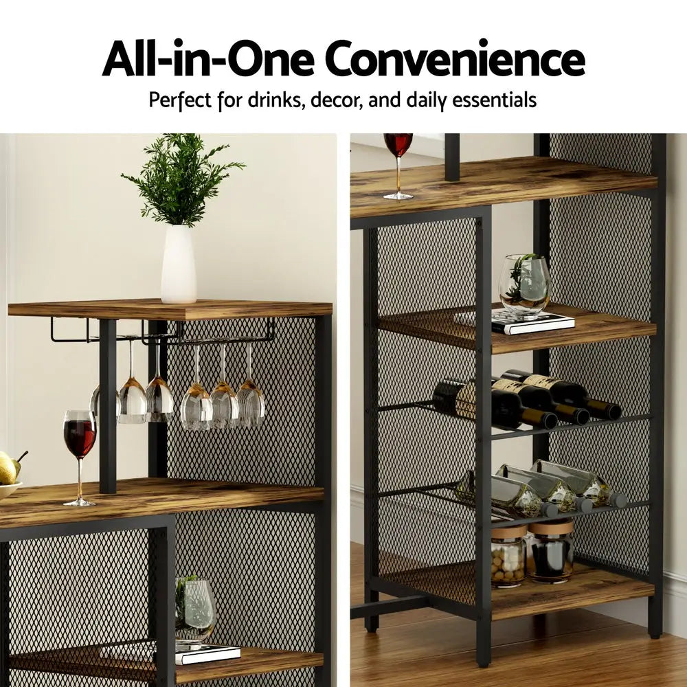 Artiss Industrial Bar Table with Wine Rack Cup Holder Multi-Level Storage 122cm Walnut - Furniture > Dining > Dining