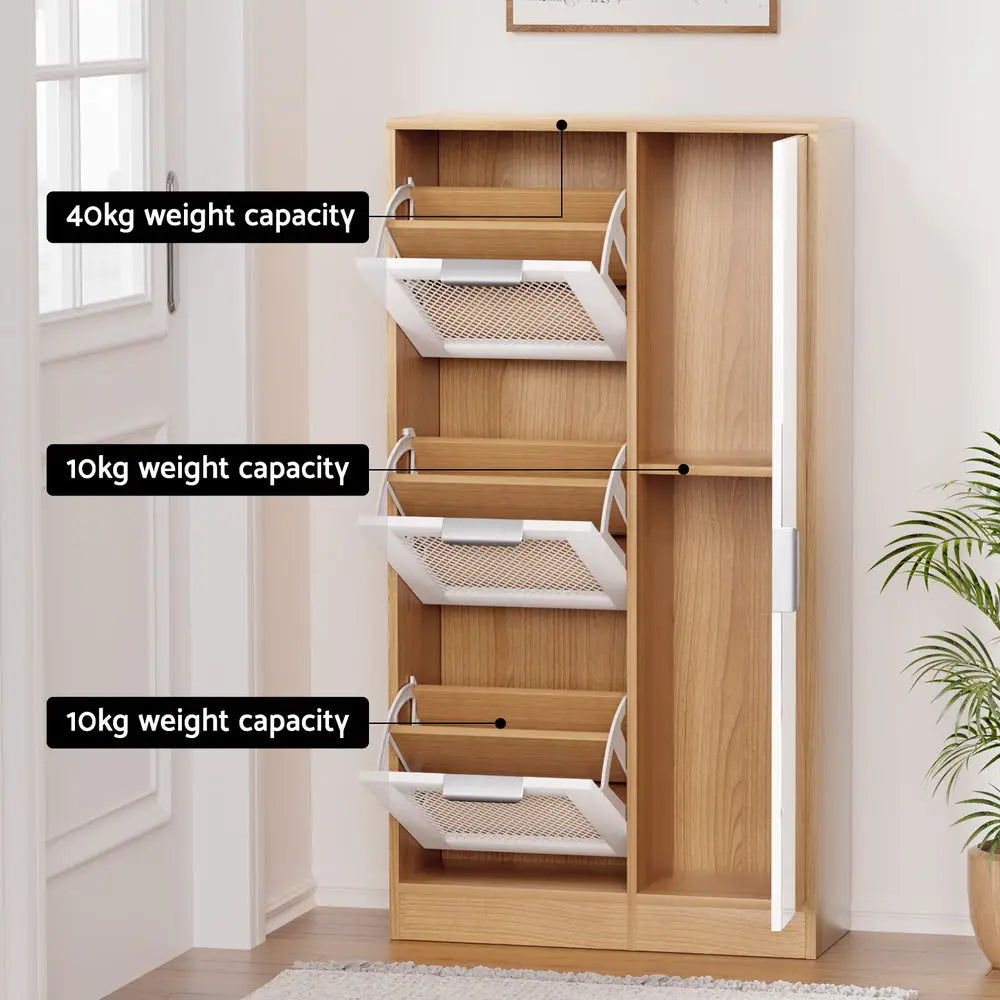 Artiss Mirror Shoe Cabinet White Mesh - Furniture > Bedroom