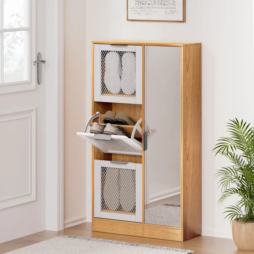 Artiss Mirror Shoe Cabinet White Mesh - Furniture > Bedroom