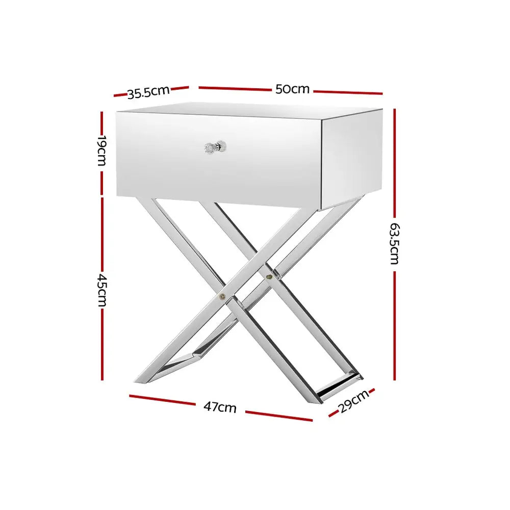 Artiss Mirrored Bedside Table Drawers Side Table Storage Nightstand Silver MOCO - Furniture > Bedroom