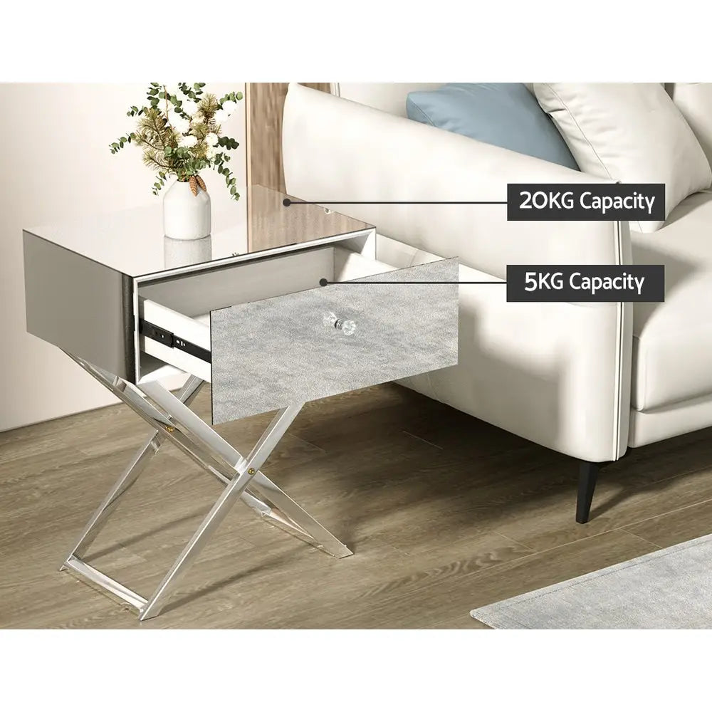 Artiss Mirrored Bedside Table Drawers Side Table Storage Nightstand Silver MOCO - Furniture > Bedroom