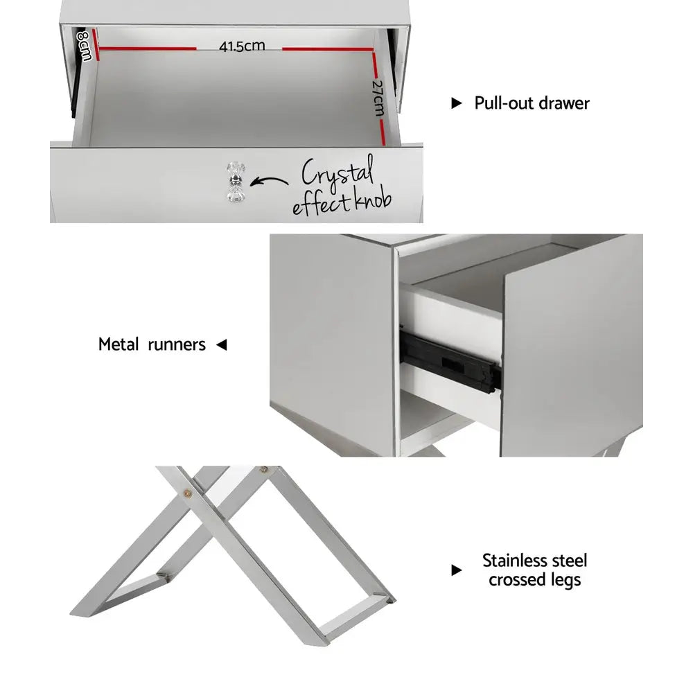 Artiss Mirrored Bedside Table Drawers Side Table Storage Nightstand Silver MOCO - Furniture > Bedroom