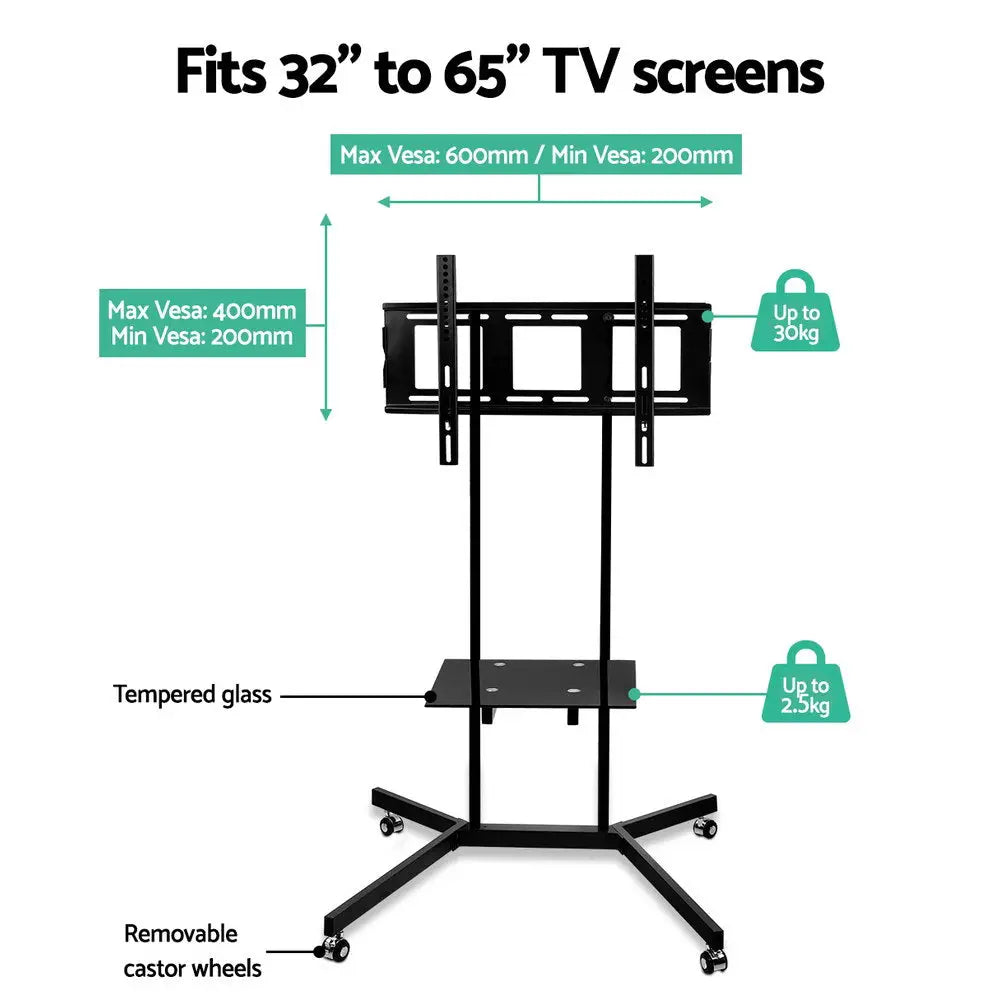 Artiss Mobile TV Stand for 32’’-65’’ TVs Mount Bracket Portable Shelf Trolley Cart - Audio & Video > TV Accessories