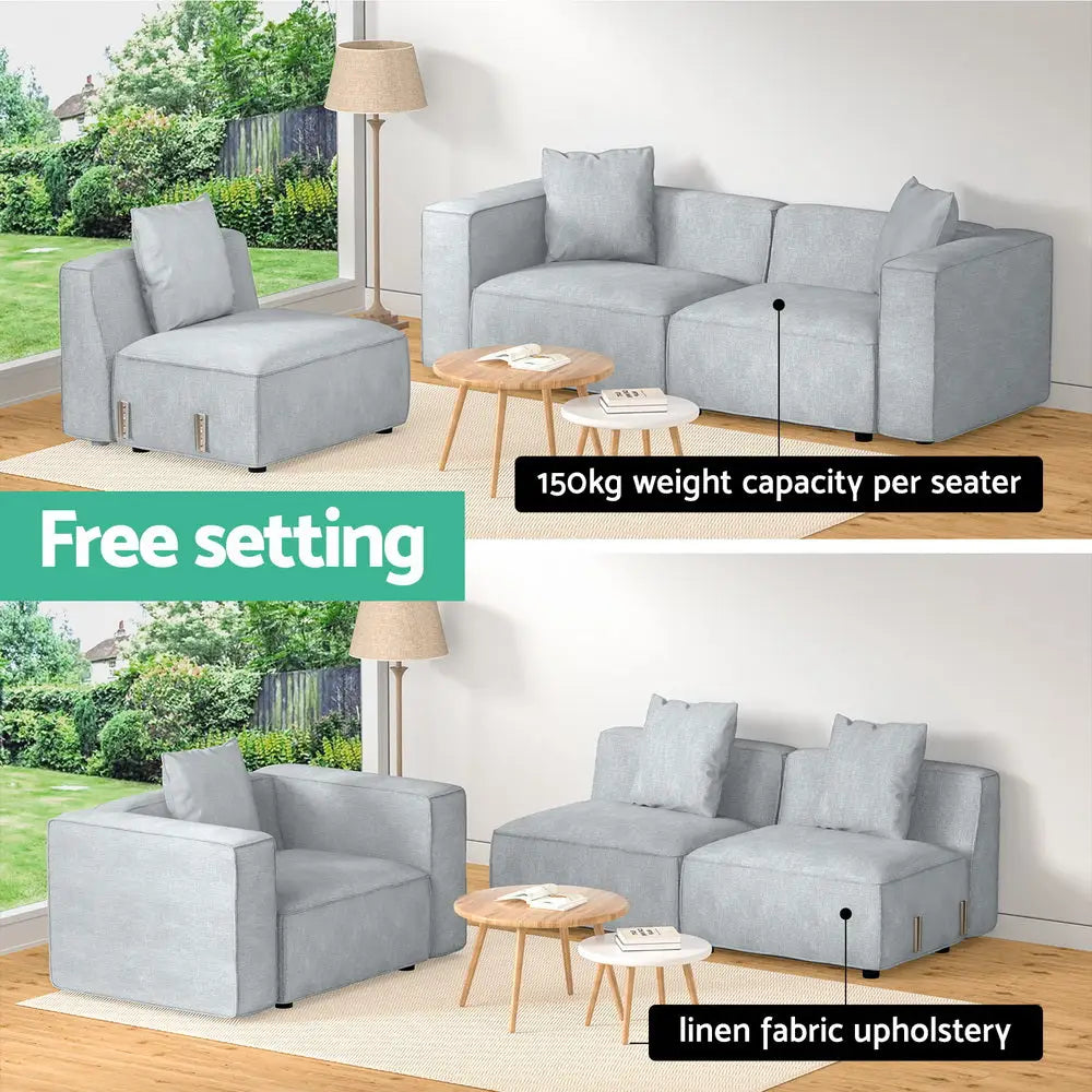 Artiss Modular Sofa Chaise Set 3-Seater Grey - Furniture > Living Room