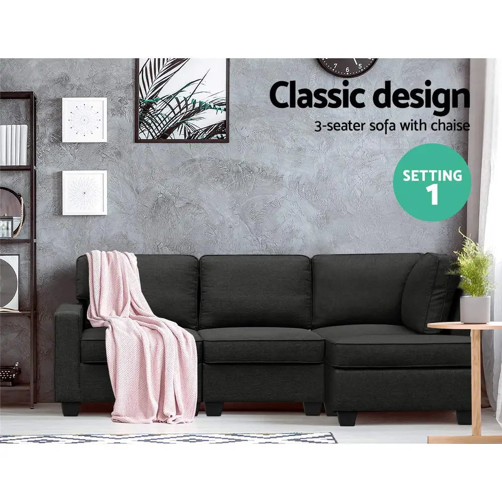 Artiss Modular Sofa Chaise Set 4-seater Dark Grey - Furniture > Sofas