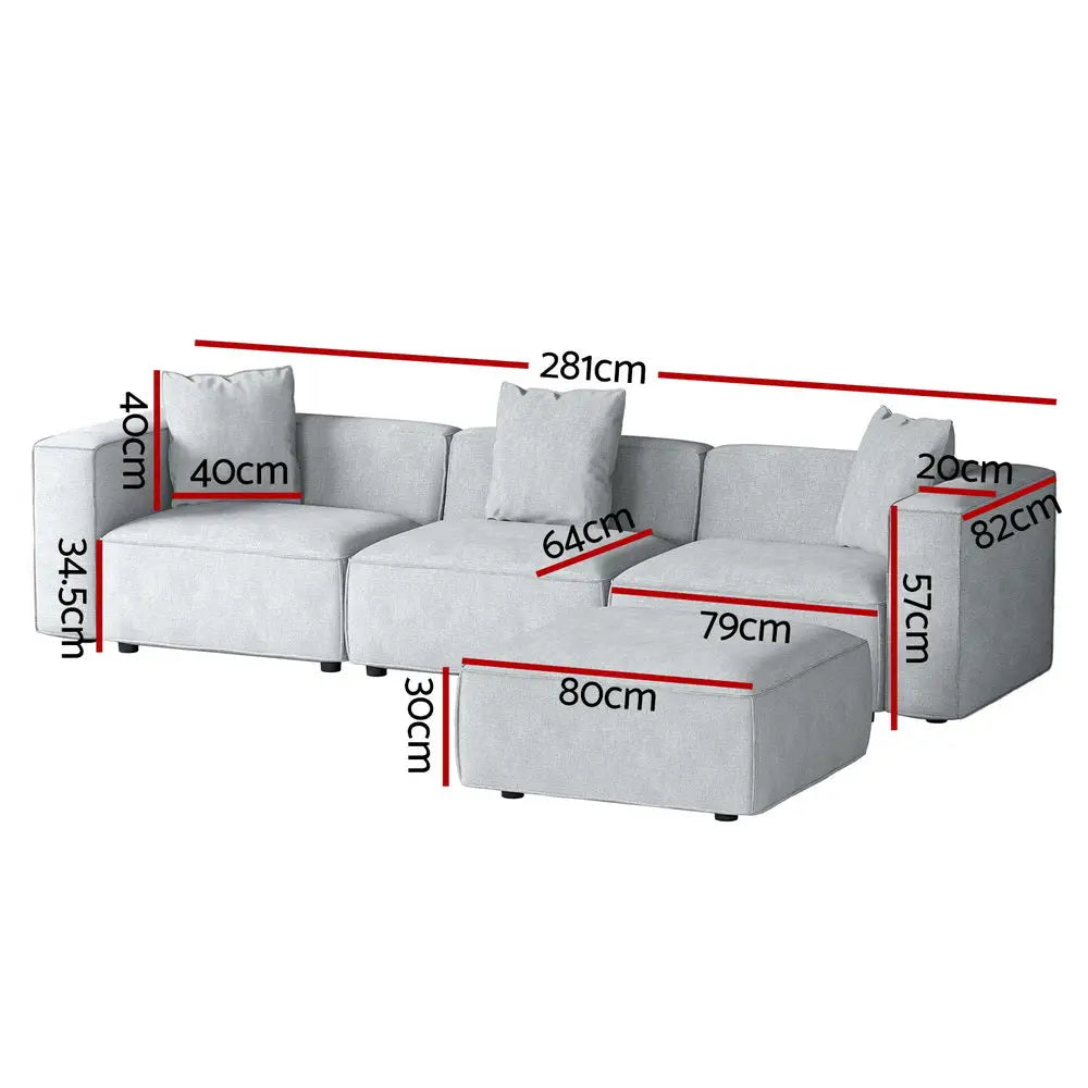 Artiss Modular Sofa Chaise Set 4-Seater Grey - Furniture > Living Room