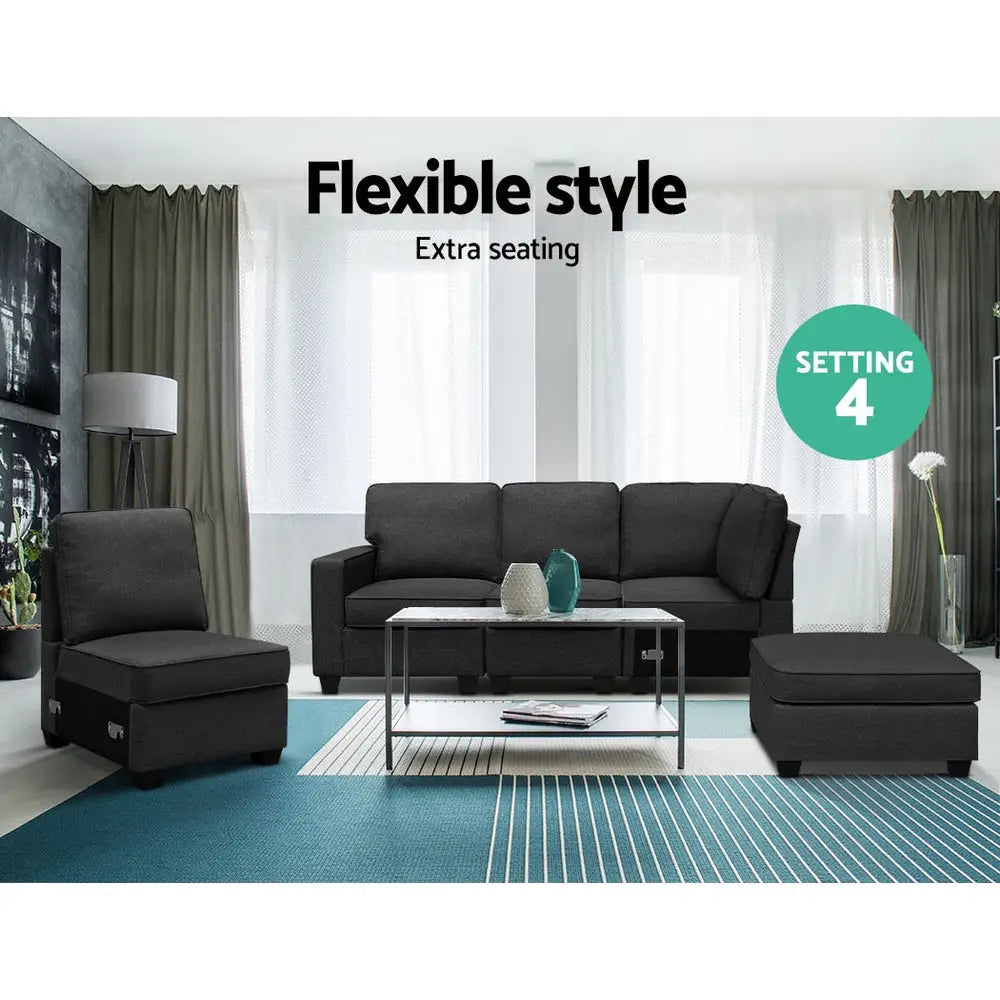 Artiss Modular Sofa Chaise Set 5-seater Dark Grey - Furniture > Sofas
