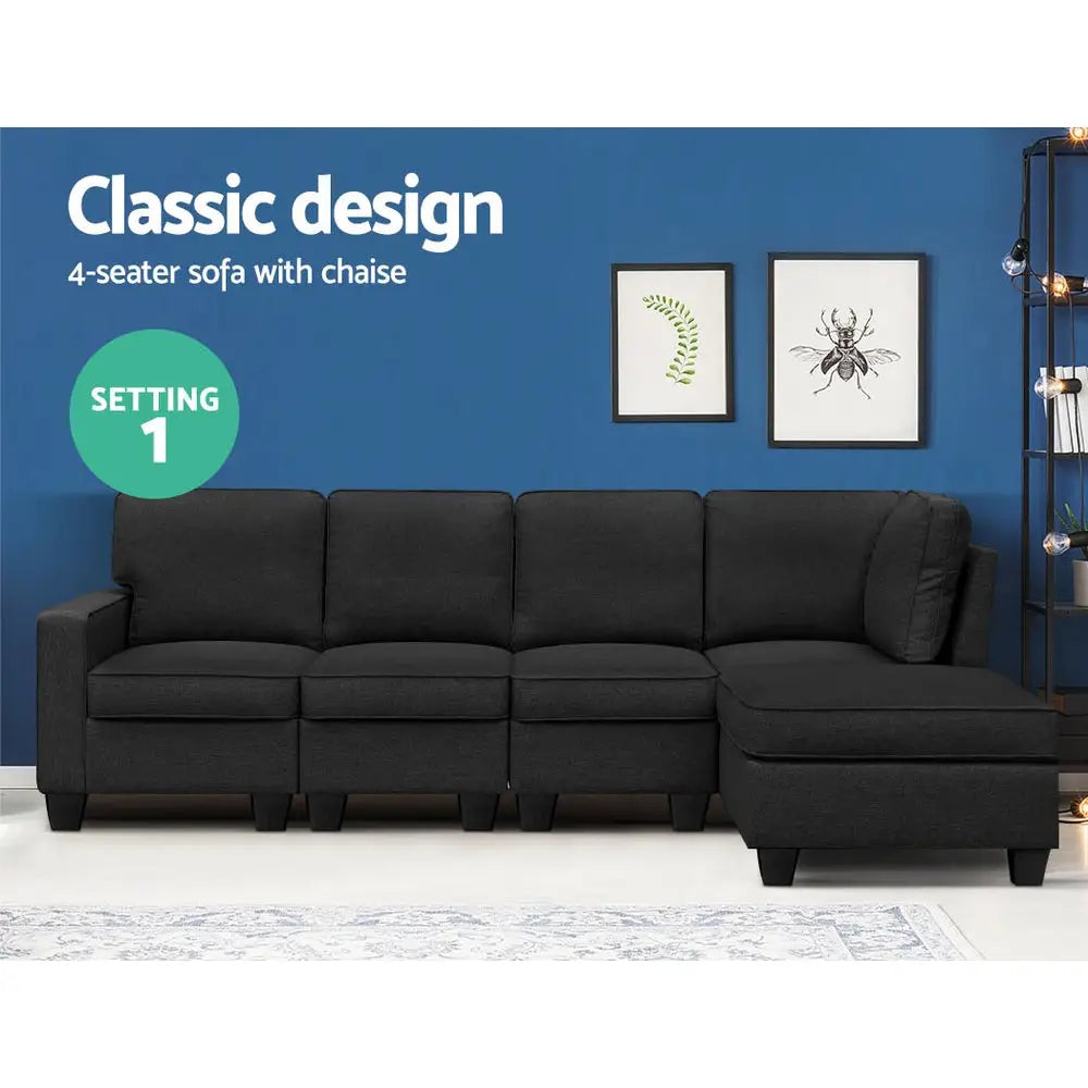 Artiss Modular Sofa Chaise Set 5-seater Dark Grey - Furniture > Sofas