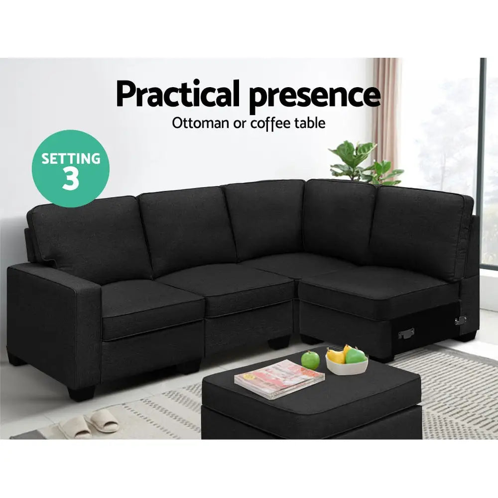 Artiss Modular Sofa Chaise Set 5-seater Dark Grey - Furniture > Sofas
