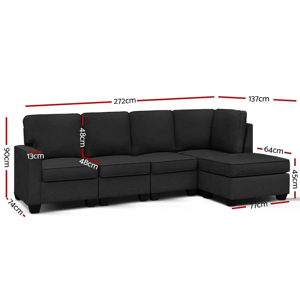Artiss Modular Sofa Chaise Set 5-seater Dark Grey - Furniture > Sofas