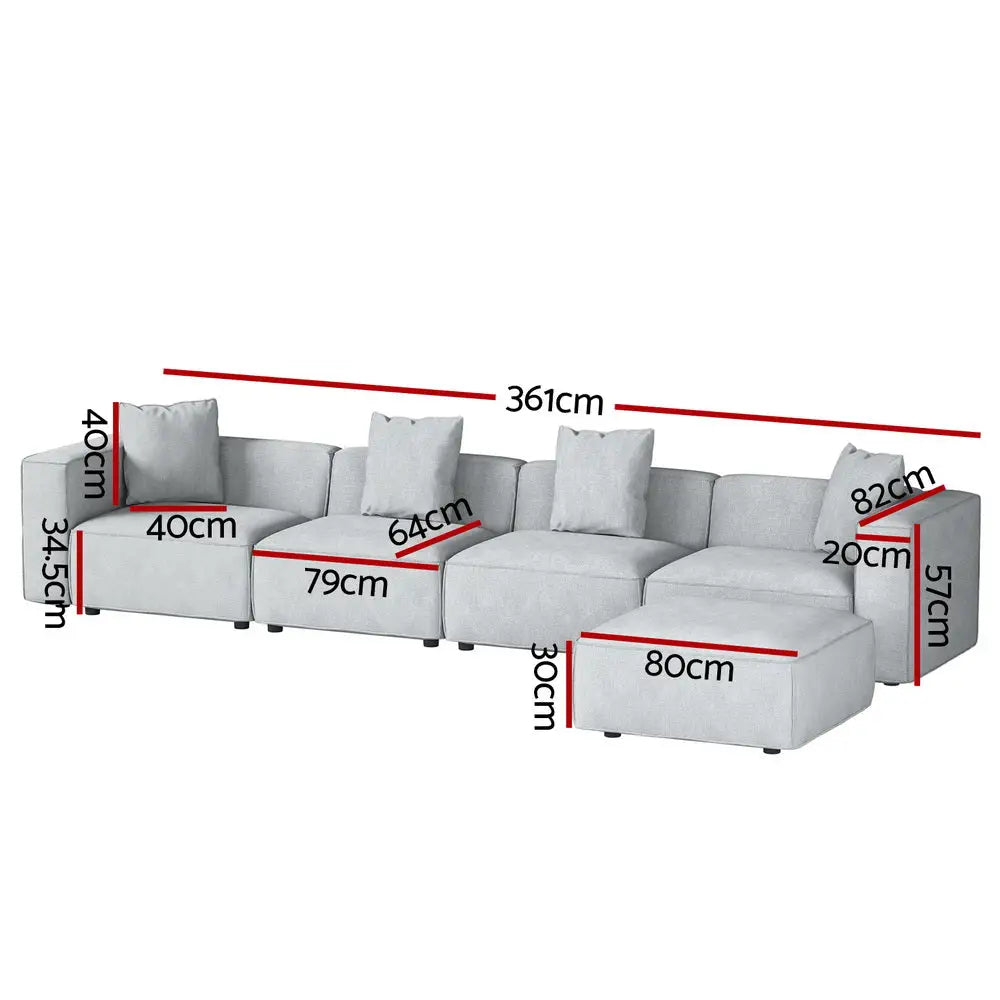 Artiss Modular Sofa Chaise Set 5-Seater Grey - Furniture > Living Room