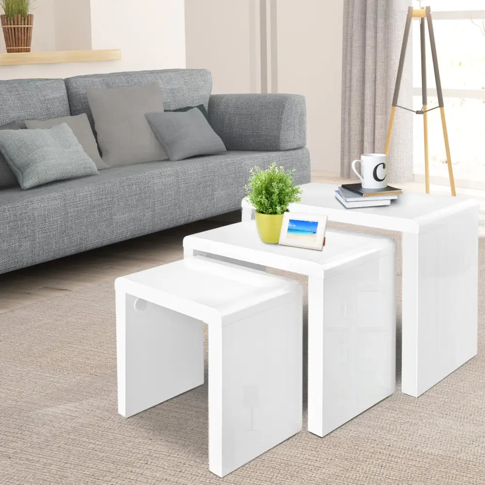 Artiss Nesting Coffee Table Set of 3 Glossy White - Furniture > Living Room