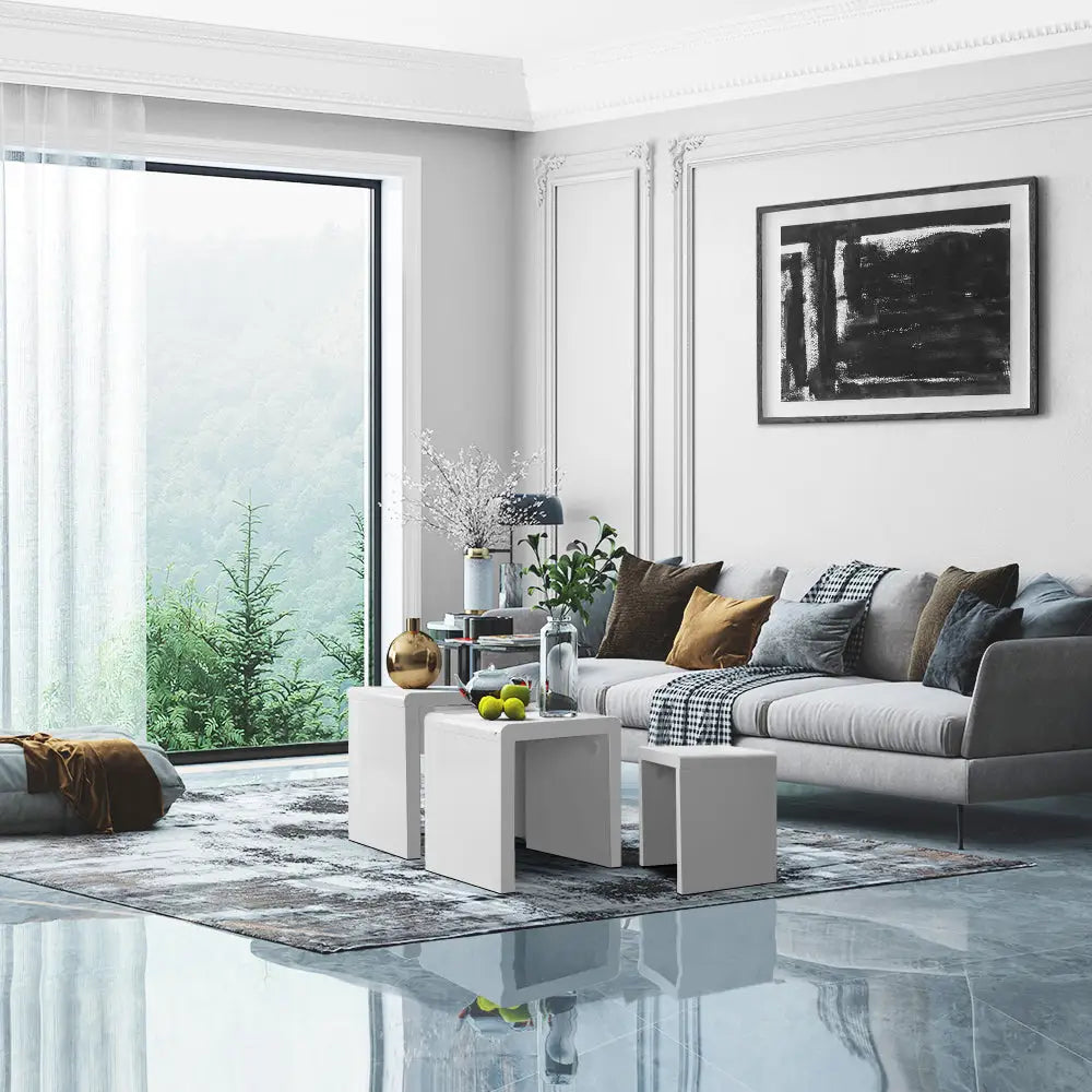 Artiss Nesting Coffee Table Set of 3 Glossy White - Furniture > Living Room