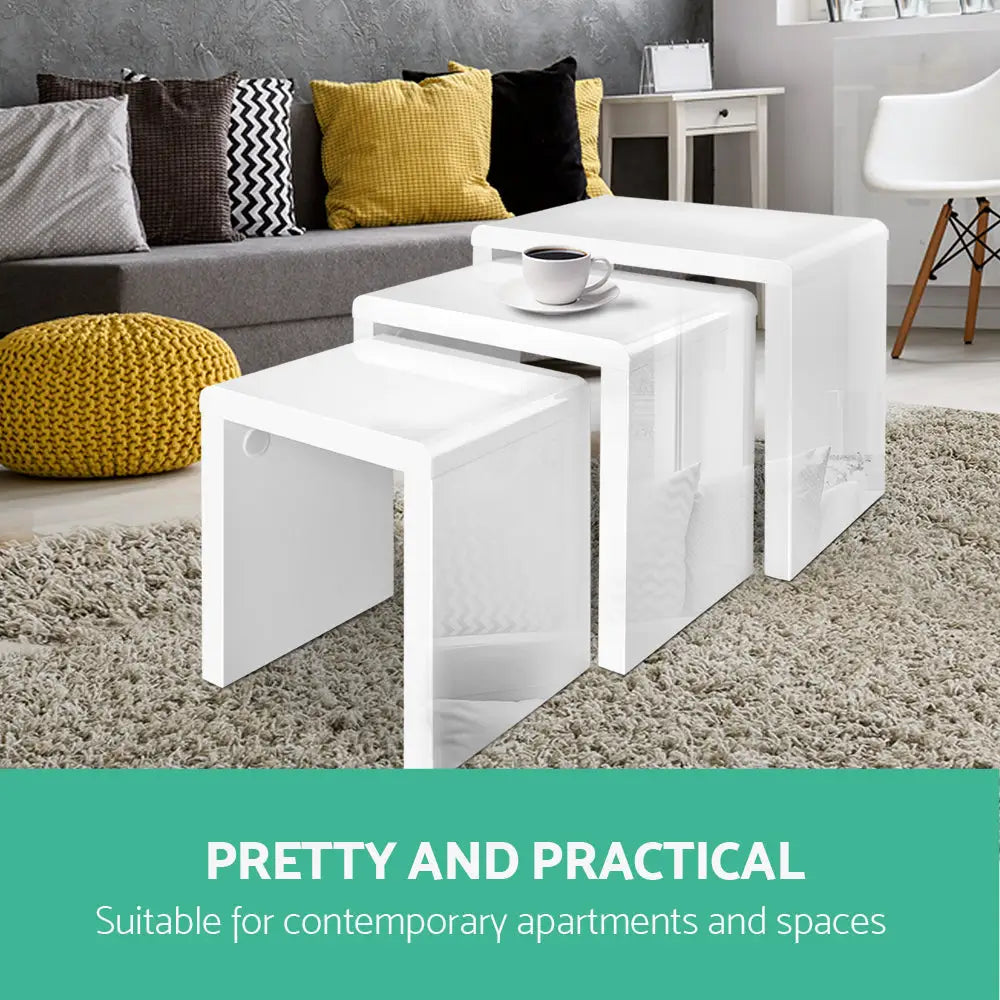 Artiss Nesting Coffee Table Set of 3 Glossy White - Furniture > Living Room