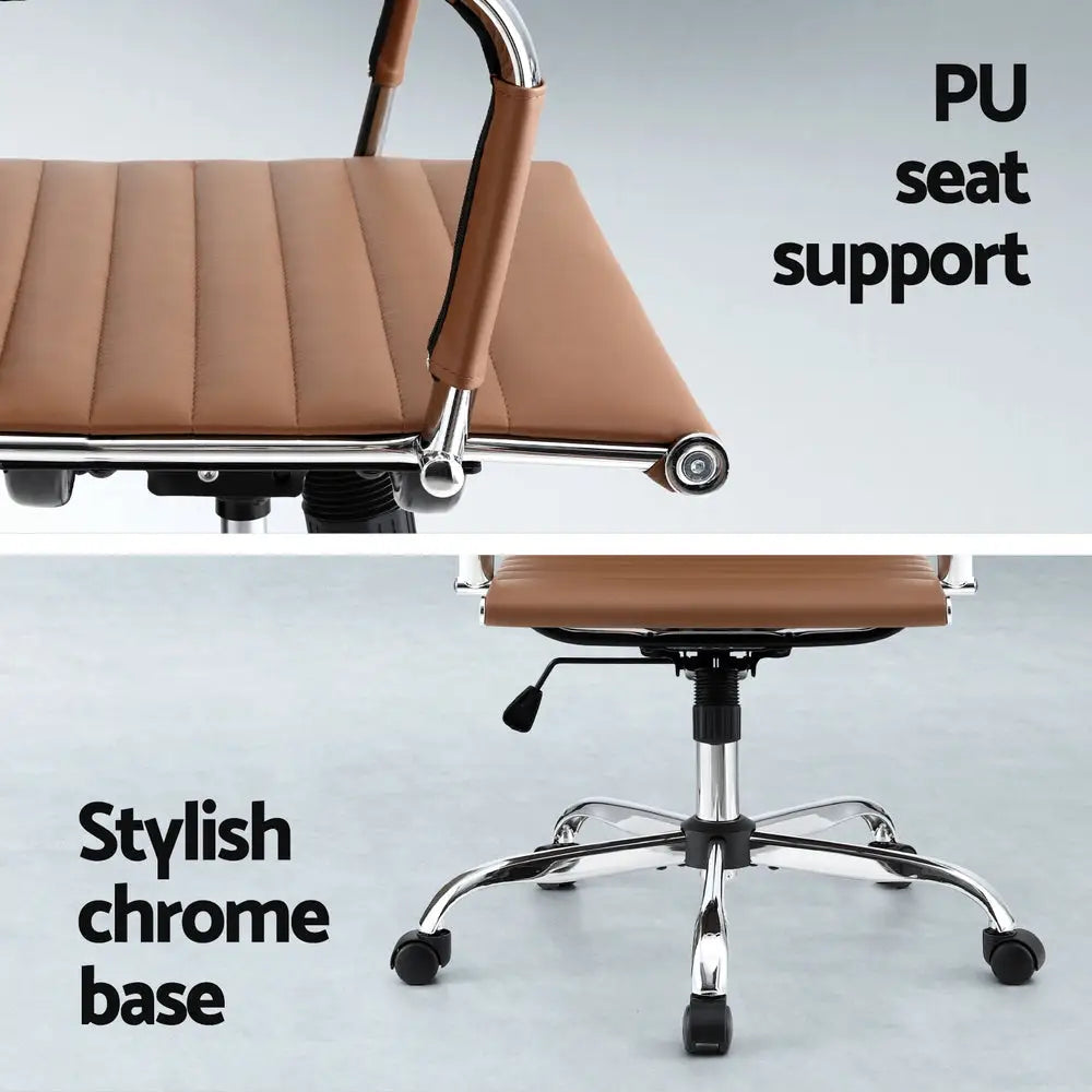 Artiss Office Chair Conference Chairs PU Leather Mid Back Brown - Furniture > Bar Stools & Chairs > Gaming Chairs