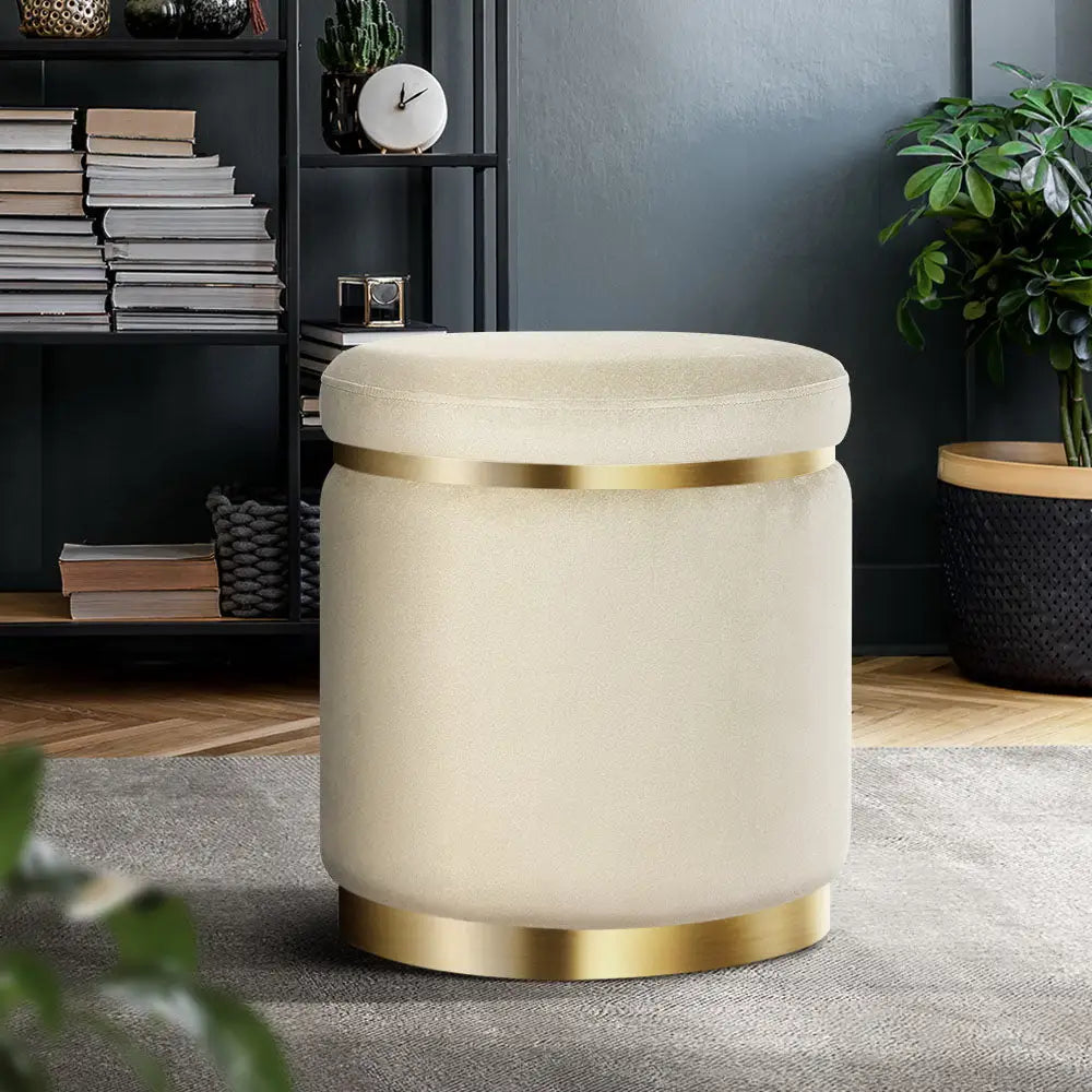Artiss Ottoman Foot Stool Round Velvet Cream - Furniture > Living Room