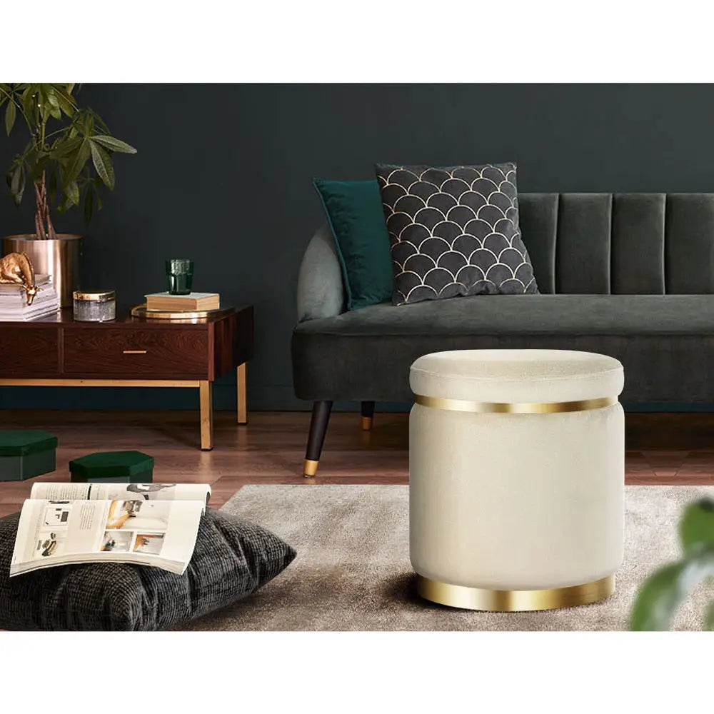 Artiss Ottoman Foot Stool Round Velvet Cream - Furniture > Living Room