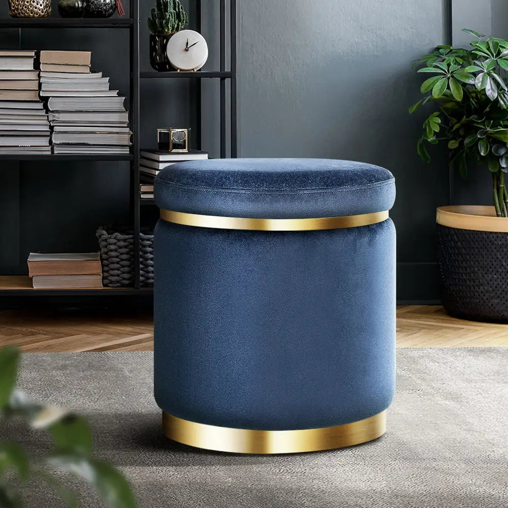 Artiss Ottoman Foot Stool Round Velvet Navy - Furniture > Living Room