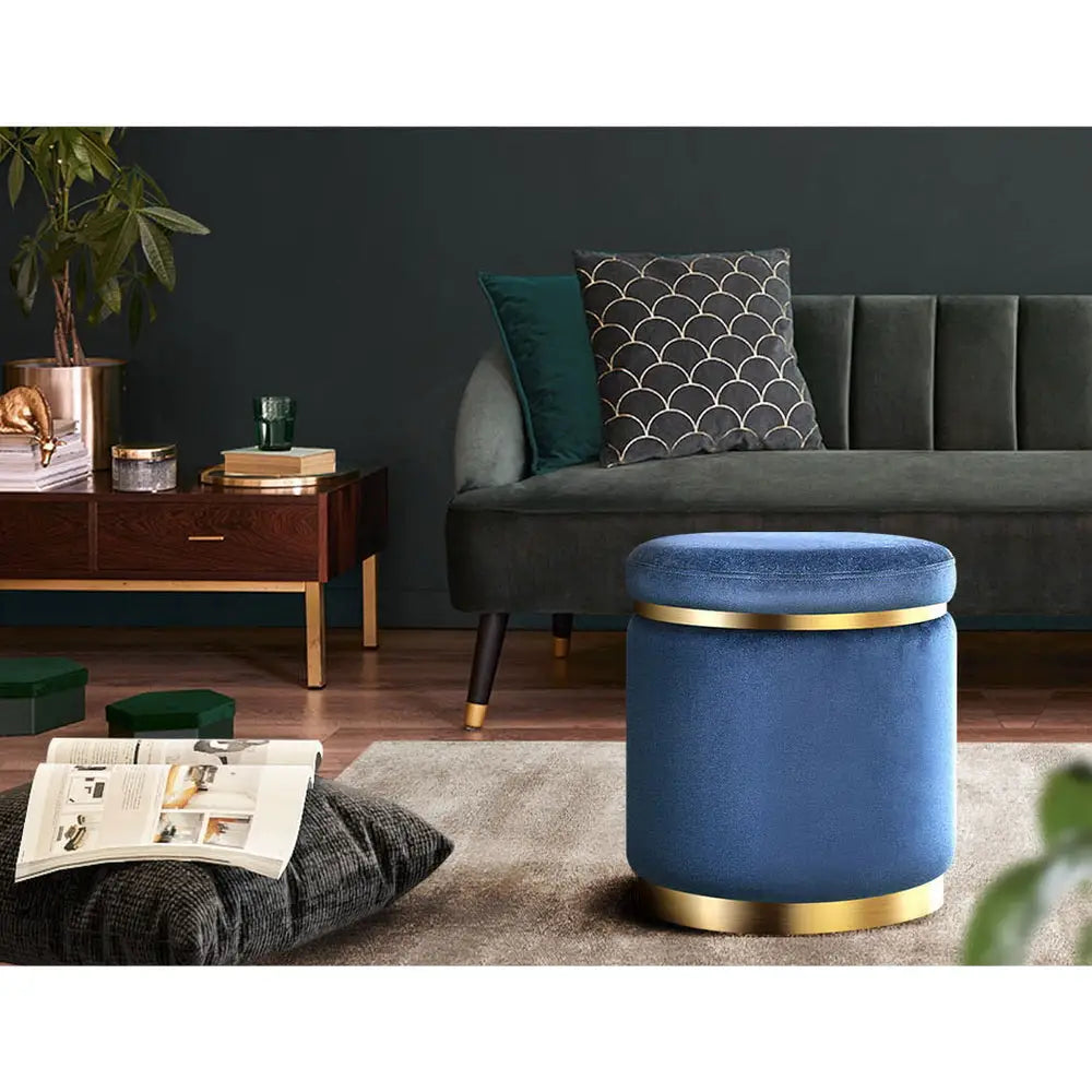 Artiss Ottoman Foot Stool Round Velvet Navy - Furniture > Living Room