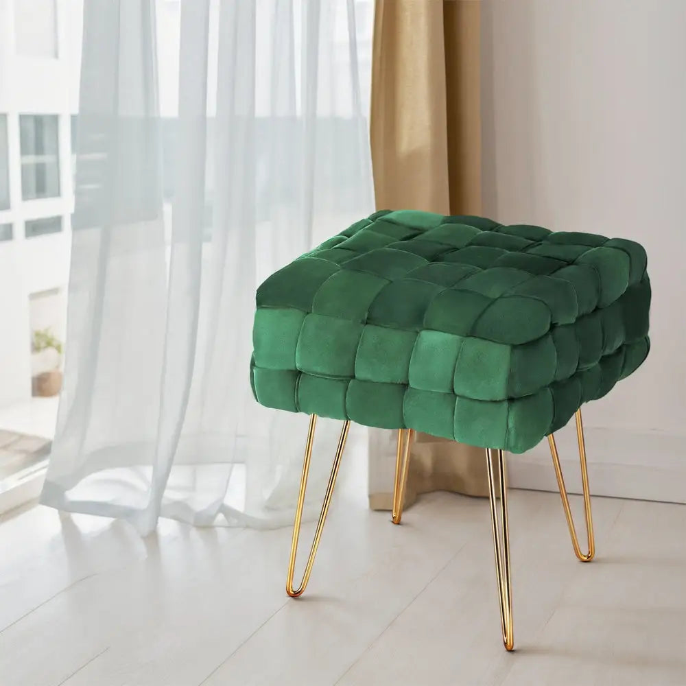 Artiss Ottoman Foot Stool Woven Velvet Green - Furniture > Living Room