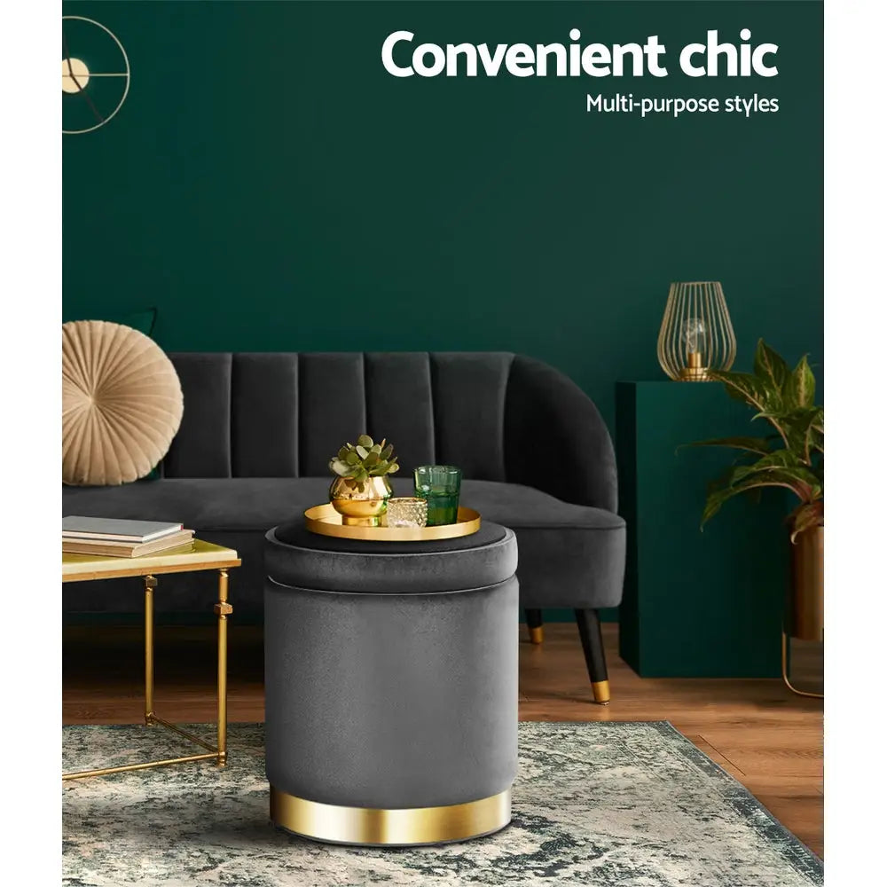 Artiss Ottoman Storage Foot Stool Round Velvet Charcoal - Furniture > Living Room