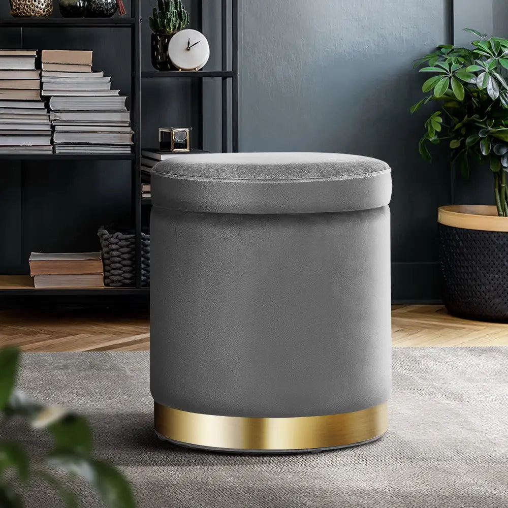 Artiss Ottoman Storage Foot Stool Round Velvet Charcoal - Furniture > Living Room